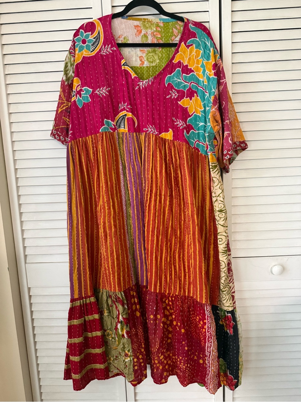 Kantha colorful Boho Patchwork Midi Dress - Multicolor Floral & Stripe
